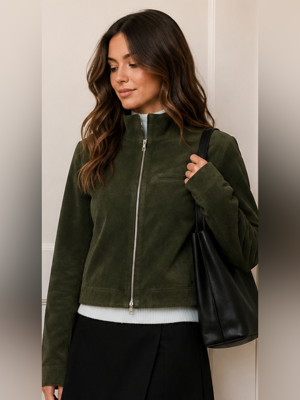 Suede Funnel Neck Olive Green Zip-Front Faux Suede Jacket stylish large NWT